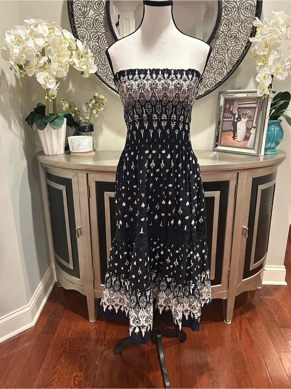 Speed Control Strapless Navy and White Floral Smocked Midi Dress